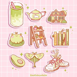 Green Aesthetic Sticker Set – Cute Vinyl Stickers - Frog, Avocado, Matcha & Plants – Stickers for Journaling and Laptop