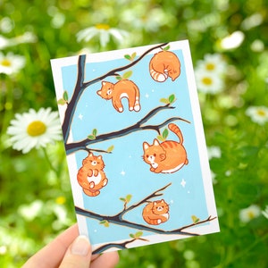 Orange Cat Tree Art Print A6 – Whimsical Postcard Size Illustration | Spring Cat Wall Art | Cute Gift for Cat Lover