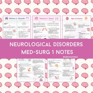 Puede incluir: Notas médicas sobre trastornos neurológicos, incluyendo temas como delirio, demencia, enfermedad de Parkinson y convulsiones. Las notas están organizadas en varias páginas con ilustraciones de cerebros rosas y el texto "Neurological Disorders Med-Surg 1 Notes".