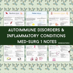 Könnte beinhalten: Eine Sammlung medizinischer Notizen zu Autoimmunerkrankungen und entzündlichen Erkrankungen. Die Notizen sind auf einzelnen Blättern mit Titeln wie "Myasthenia Gravis" und "Multiple Sklerose" angeordnet. Der Hintergrund zeigt ein hellgrünes Muster aus Antikörperformen.