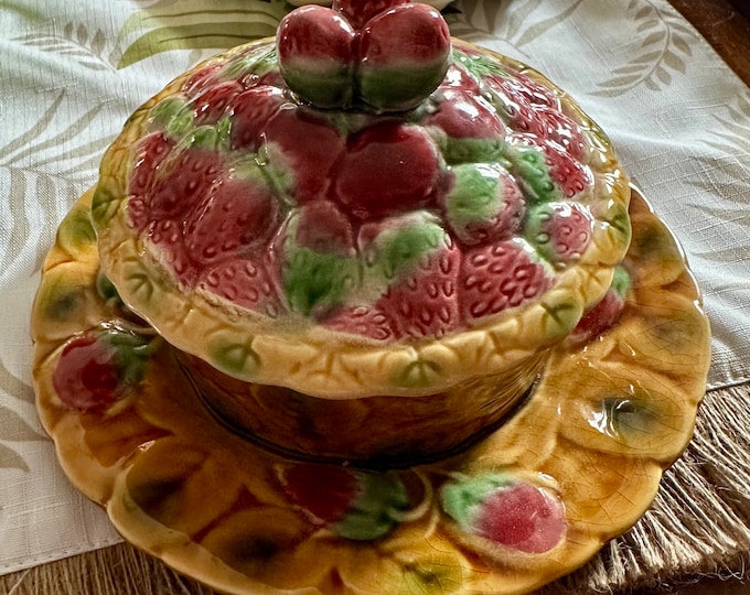 Featured listing image: Vintage French Jam Pot/ Sarreguemines / Majolica Pottery / Grand Millennial Decor / Coastal Granny / Coastal Farmhouse / Free Shipping!