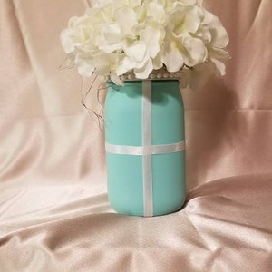 Tiffany inspired Centerpiece, Turquoise QT mason jar floral. Bridal shower centerpieces. Ball mason jar floral . Baby shower decor image 7