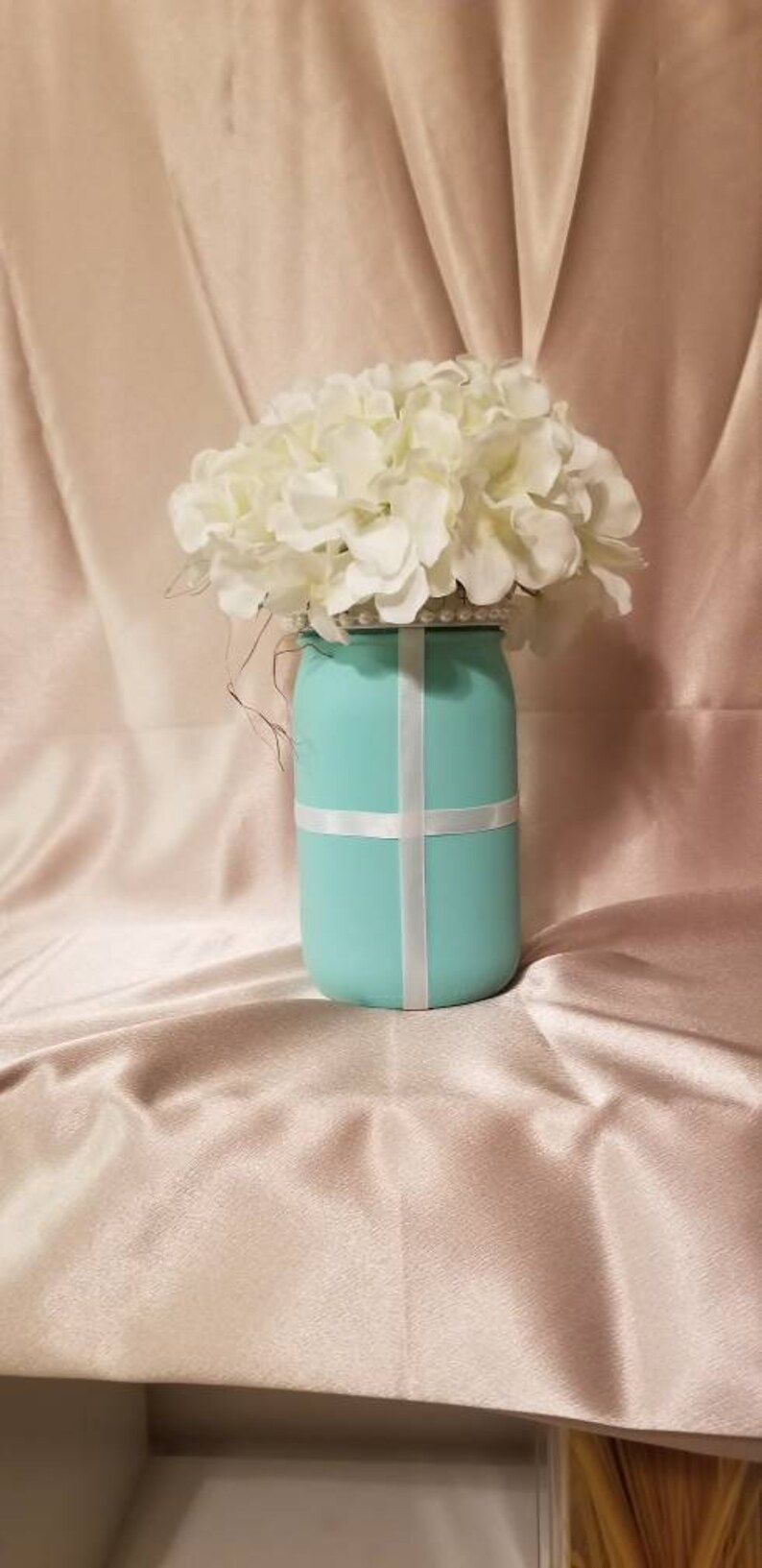 Tiffany inspired Centerpiece, Turquoise QT mason jar floral. Bridal shower centerpieces. Ball mason jar floral . Baby shower decor image 7