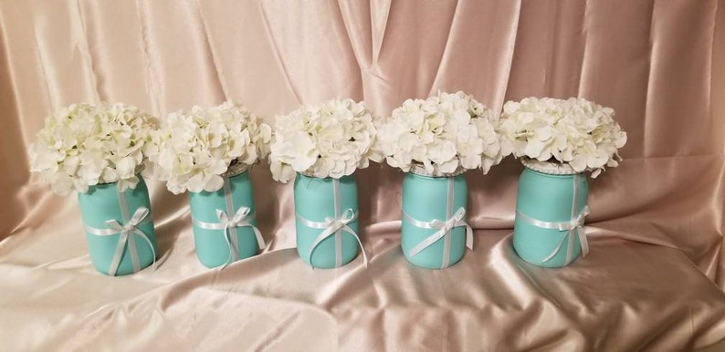 Tiffany inspired Centerpiece, Turquoise QT mason jar floral. Bridal shower centerpieces. Ball mason jar floral . Baby shower decor image 9