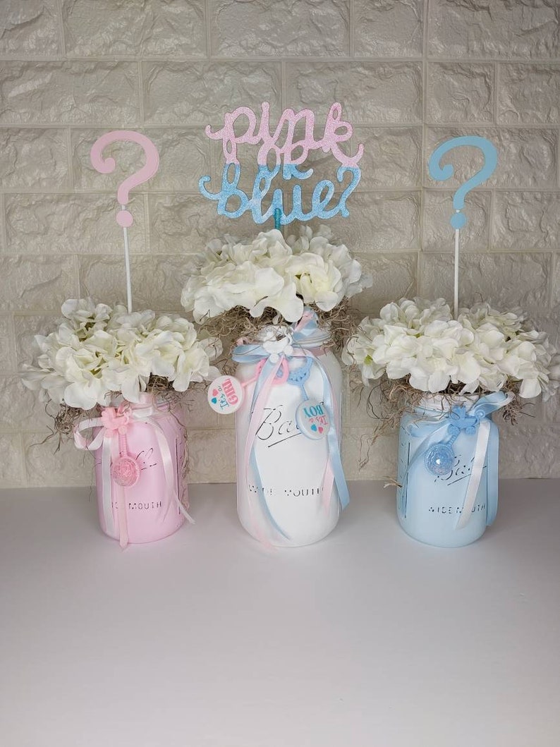 Gender Reveal Mason Jar Set, Baby Shower Decorations, Pink and Blue