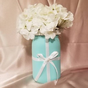 Tiffany inspired Centerpiece, Turquoise QT mason jar floral. Bridal shower centerpieces. Ball mason jar floral . Baby shower decor image 3