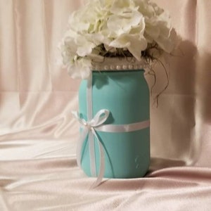 Tiffany inspired Centerpiece, Turquoise QT mason jar floral. Bridal shower centerpieces. Ball mason jar floral . Baby shower decor afbeelding 5