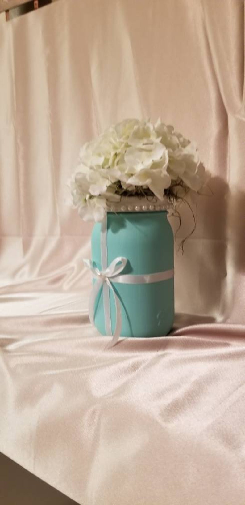 Tiffany inspired Centerpiece, Turquoise QT mason jar floral. Bridal shower centerpieces. Ball mason jar floral . Baby shower decor image 5