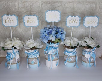 Baby Shower Decorations - Mason Jars - Rustic Baby Shower Decor - Baby Shower Decor - Baby Boy Shower Centerpieces