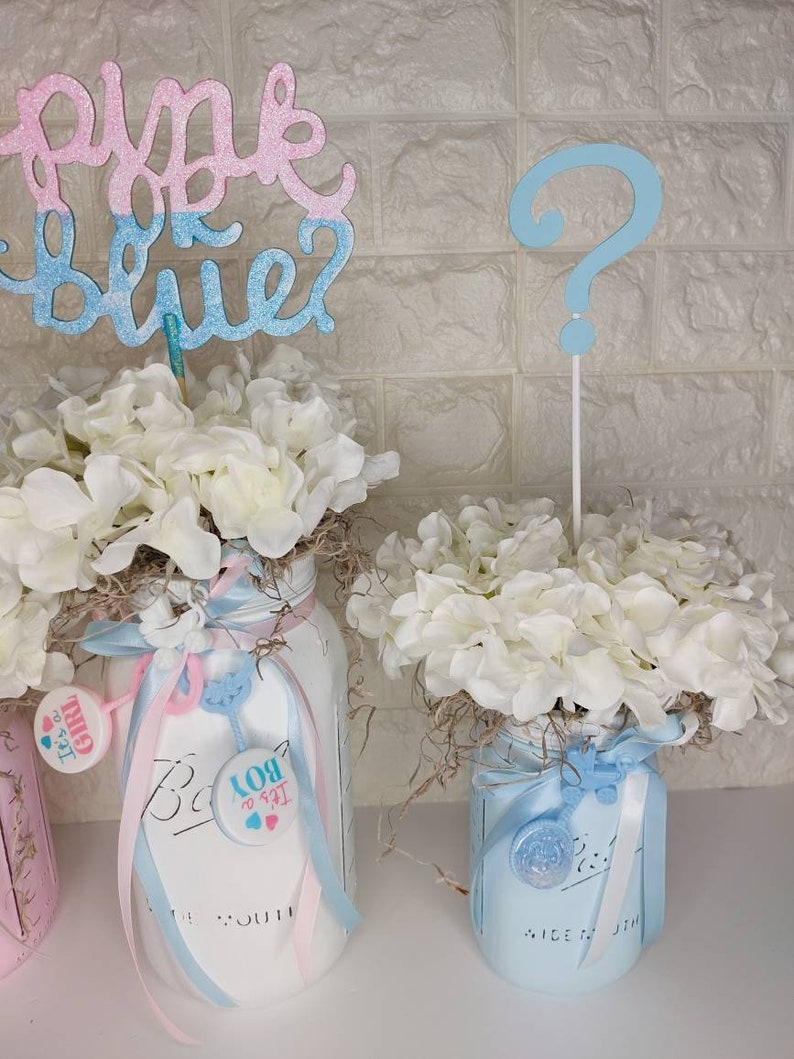 Gender Reveal Mason Jar Set, Baby Shower Decorations, Pink and Blue