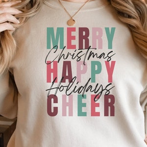Christmas Hoodie, Holiday Sweatshirt, Festive Words Sweater, Gift for Her, Ugly Sweater Party, Christmas Words Front Print, Holiday Cheer