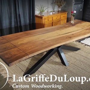 Tavolo da pranzo XXL, con prolunghe, design "S", doppio fiume epossidico nero e gamba Mikado