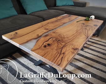 Custom-made table (low or dining) in mountain oak wood and frosted epoxy resin.