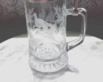 Etched Glass Beer Stein: Domex Tankard with Pewter Lid, German Pint