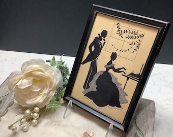 Vintage Victorian Silhouette Couple Piano Art, Vintage Frame Art, Framed Couple Piano Art, Victorian Wall Decor