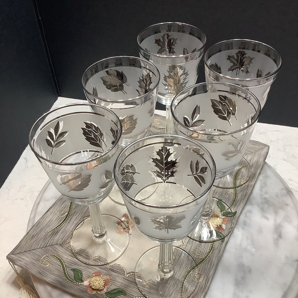 Libbey Silver Leaf Frosted Stemmed Glassware ~ Mid Century Modern Wine ~ Silver Leaf Libbey Glass Company, Selling in Pairs