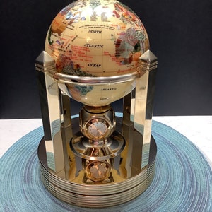 Vintage Mother of Pearl Desktop Rotating Gemstone Globe w/ Clocks and Thermometer / Tabletop World Globe with Brass Stand, Gifts