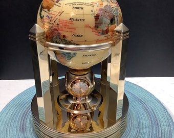 Vintage Mother of Pearl Desktop Rotating Gemstone Globe w/ Clocks and Thermometer / Tabletop World Globe with Brass Stand, Gifts