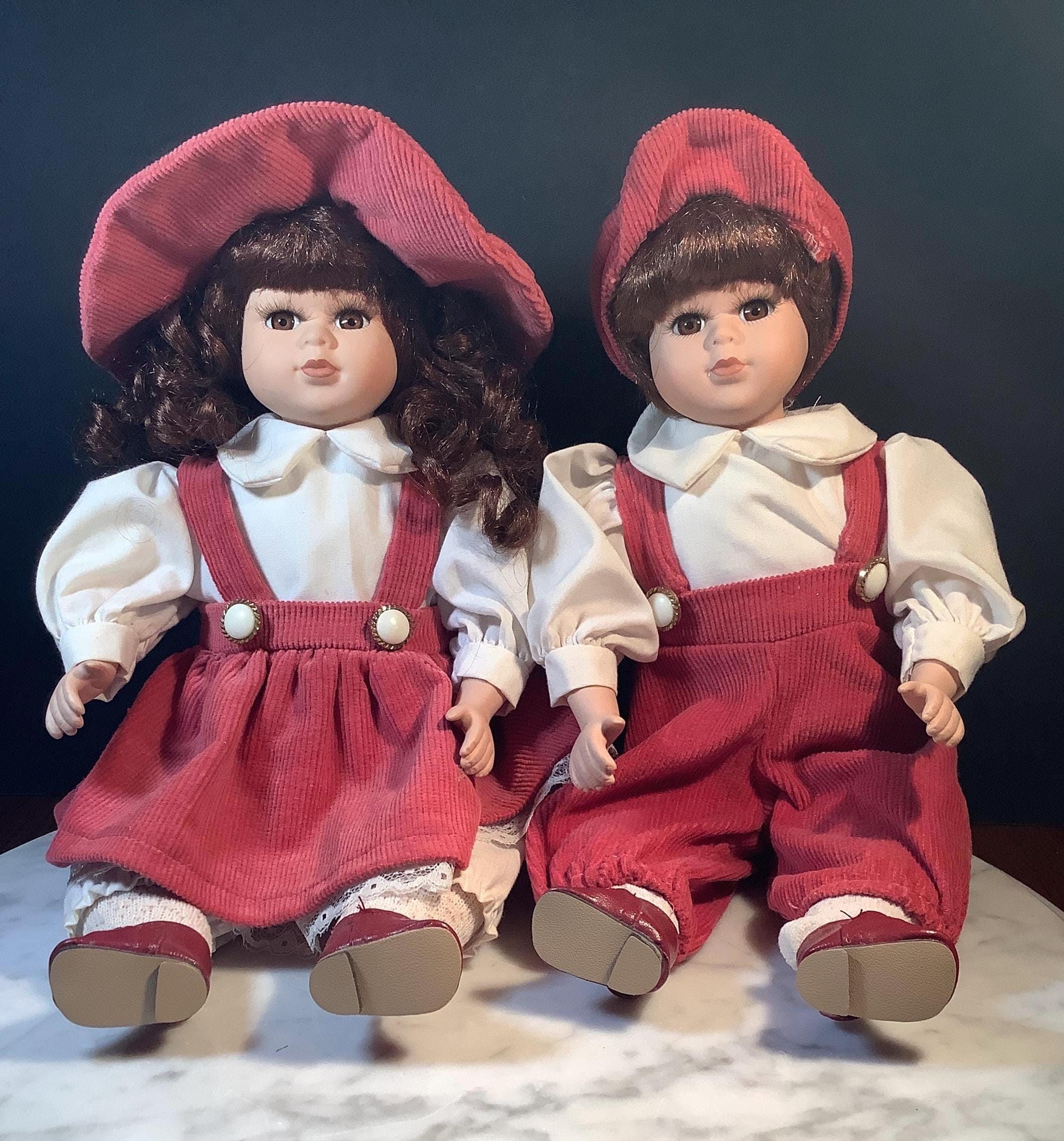 Kimberly Collection Porcelain Twin Dolls: Brown Hair, Corduroy