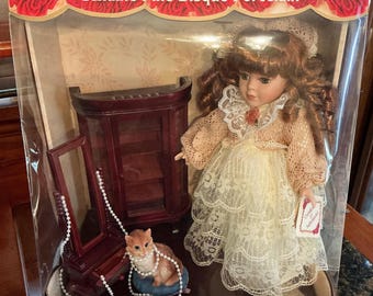 Collectors Choice Genuine Fine Bisque Porcelain Doll with Pearls and Cat - NIB
