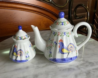Vintage Ceramic Teapot • Crowing Rooster & Floral Design