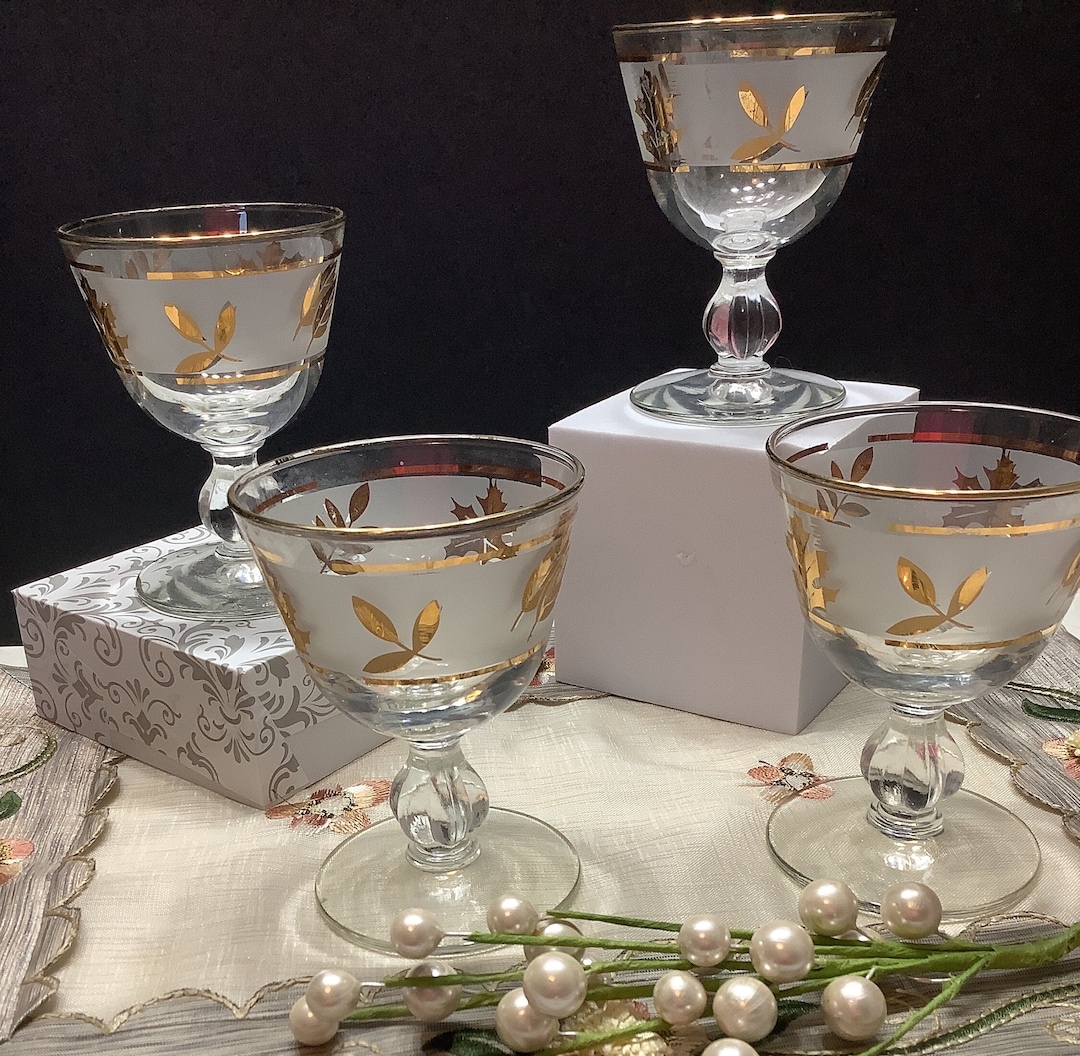 Libbey Gold Leaf Frosted Stemmed Glassware Mid Century Modern Vintage