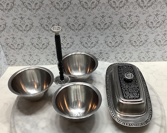 Vintage Oneida Stainless Steel Butter Dish & Three Bowl Condiment Set