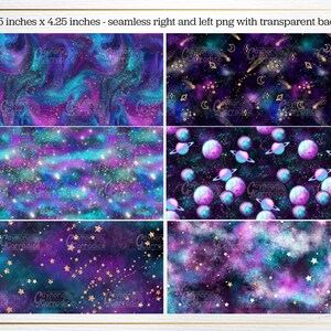 May include: Four seamless digital paper designs featuring a galaxy theme with purple, blue, and teal colors. The designs include stars, planets, and gold glitter.
