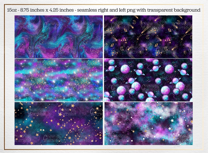 May include: Four seamless digital paper designs featuring a galaxy theme with purple, blue, and teal colors. The designs include stars, planets, and gold glitter.