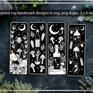 May include: Four black and white bookmark designs featuring a moon, stars, mushrooms, and bottles. Each design is 5.1 cm by 15.2 cm.