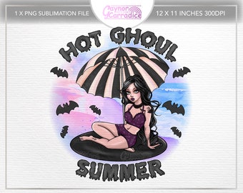 May include: A digital illustration of a goth girl in a purple bikini under a black and white striped beach umbrella. The girl is sitting on a black beach towel with bats flying around her. The text "HOT GHOUL SUMMER" is written in dripping black letters.
