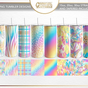 Op de afbeelding: Acht digitale ontwerpen voor rechte en taps toelopende bekers van 15, 20 en 30 ounce. De ontwerpen bevatten kleurrijke patronen, waaronder regenbogen, zebrastrepen, ruitjes, luipaardprint en abstracte vormen.