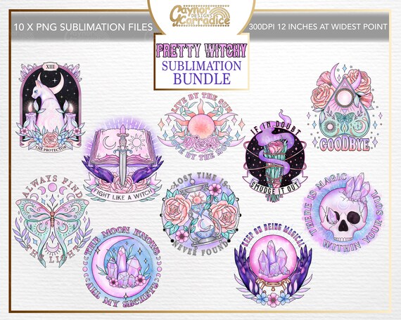 Pastel witch sublimation bundle - mystical sublimation file - witchy t-shirt design, pastel goth png, skull illustration, crystal ball png