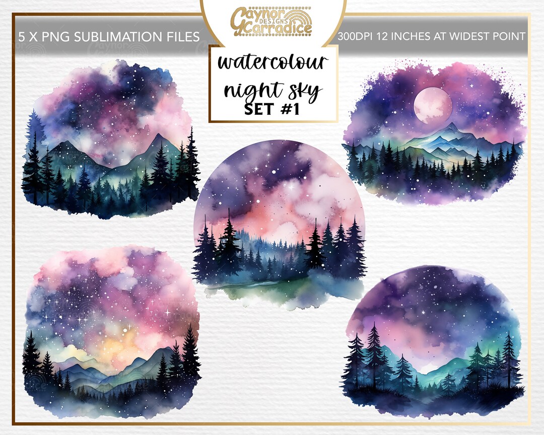 Starry Night Sky Sublimation Backgrounds - 5 Png Watercolour Nebula Png ...