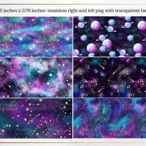 May include: Four seamless digital paper patterns featuring a galaxy theme with stars, planets, and moons in shades of purple, blue, and gold.