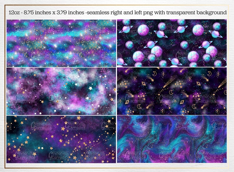 May include: Four seamless digital paper patterns featuring a galaxy theme with stars, planets, and moons in shades of purple, blue, and gold.