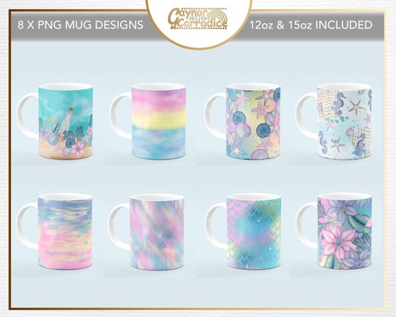 Mermaid Mug Design Sublimation Mugs Bundle Set of 8 Designs for 12 Oz and  15oz Mugs Summer Coffee Cup Designs in Png 
