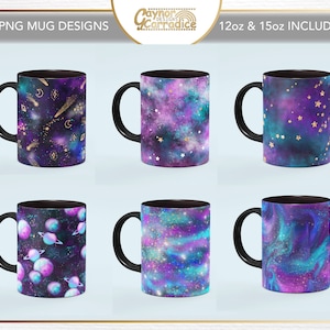 May include: Six different designs for 12oz and 15oz mugs featuring galaxy and space themed patterns. The designs include a purple and blue galaxy with gold stars, a purple and blue galaxy with gold glitter, a purple and blue galaxy with planets, a purple and blue galaxy with a swirling pattern, and a purple and blue galaxy with a marble pattern.