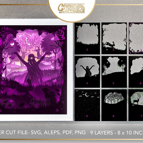 Ostara spring shadow box svg, easter paper cut design, spring woodland light box design, frame art svg, pagan goddess paper cut svg, png, ai