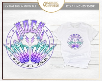 Rock n' roll forever sublimation design - 12 x 11 inches png file - skeleton hands sublimation design - Rock t-shirt design, png mug design