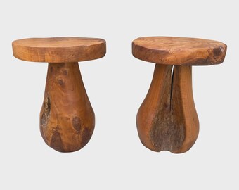 Mid 20th Century Rustic Solid Teak Wood Mushroom Tables - a Pair
