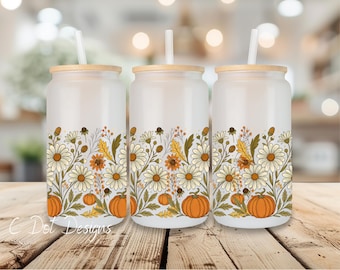 Pumpkins & Daisies - Fall UV DTF Transfer Wrap - 16oz Glass Can | Permanent Transfer | Coffee Mug | Snow Globe Tumbler Wrap (F036)