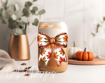 Fall Leaves Coquette Bow - Fall UV DTF Decal - Glass Can | Tumbler Decal | Coffee Mug Transfer | Journal Sticker | Scrapbooking (F016)