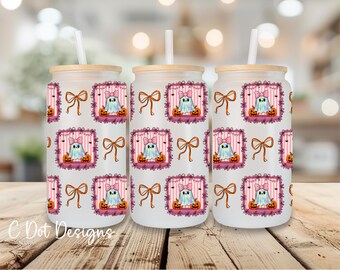 May include: Three frosted glass tumblers with bamboo lids and straws. Each tumbler features a repeating pattern of a cartoon ghost with a pink bow, pumpkins, and bows within a pink frame. The text "C Dot Designs" is visible.