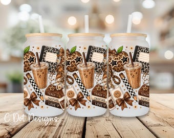 Teacher Coffee Coquette UV DTF Wrap - 16oz Glass Can | Permanent Transfer | Coffee Mug | Snow Globe Tumbler Wrap | Teacher Gifts