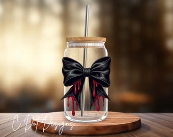Black Blood Drip Bow - Halloween UV DTF Decal Glass Can | Tumbler Decal | Coffee Mug Transfer | Journal Sticker Halloween Treat Bags (H004)