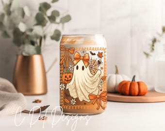 Pumpkins & Ghost - Halloween UV DTF Decal - Glass Can | Tumbler Decal | Coffee Mug Transfer | Journal Sticker | Scrapbooking (H024)