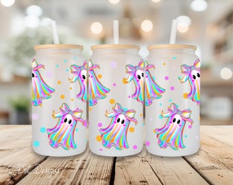 Neon Halloween Ghosts - Halloween UV DTF Wrap - 16oz Glass Can | Permanent Transfer | Coffee Mug | Snow Globe Tumbler Wrap (H001)