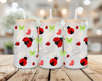 Lady Bugs UV DTF Wrap - 16oz Glass Can | Permanent Transfer | Coffee Mug | Snow Globe Tumbler Wrap