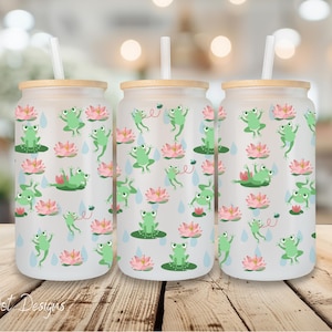 Cute Frogs and Rain Drops UV DTF Ready to Transfer Wrap, 16oz Glass Can, Permanent Transfer, Ready to Ship